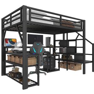 OKWISH VYSOKÁ posteľ 140/200 cm čierna z kovu a MDF s písacím stolom USB a LED osvetlením vyobraziť