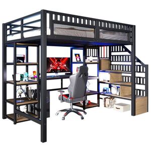 OKWISH VYSOKÁ posteľ 140/200 cm čierna z kovu s písacím stolom LED osvetlením USB a úložným priestorom vyobraziť