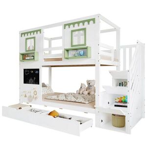 OKWISH POSCHODOVÁ posteľ 90/200 cm bielo-zelená z masívu a MDF s úložnými schodmi a 2 zásuvkami vyobraziť
