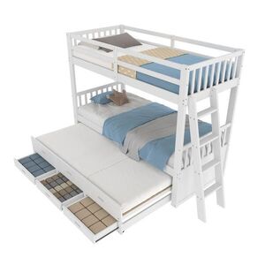 OKWISH POSCHODOVÁ posteľ 90/200 cm biela s výsuvným lôžkom a 3 zásuvkami z borovice a MDF vyobraziť