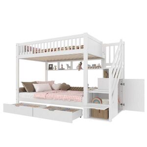 OKWISH POSCHODOVÁ posteľ 90/200 cm biela s úložnými schodmi, skriňou a policami z borovice a MDF vyobraziť