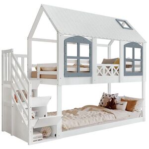OKWISH POSCHODOVÁ posteľ 90/200 cm bielo-sivá s domčekom, schodmi a úložným priestorom z borovice a MDF vyobraziť