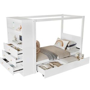 OKWISH DETSKÁ posteľ 90/200 cm biela z masívneho dreva a MDF s úložným priestorom, zábranou a písacou plochou vyobraziť
