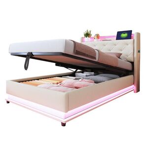 OKWISH DETSKÁ posteľ 216, 5/97/108 cm béžová s LED osvetlením, USB a úložným priestorom z ľanovej tkaniny vyobraziť