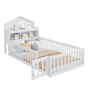 OKWISH DETSKÁ posteľ 90/200 cm biela domčeková z masívneho dreva s úložným čelom, tabuľou, roštom a dvierkami vyobraziť