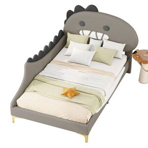 OKWISH DETSKÁ posteľ 90/200 cm sivá s dinosaurím čelom z PU a MDF vyobraziť