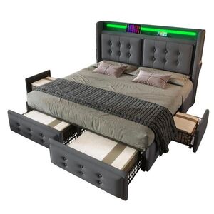 OKWISH ČALÚNENÁ posteľ 148/220/106 cm sivá s LED, USB-C a zásuvkami z bavlneného ľanu vyobraziť
