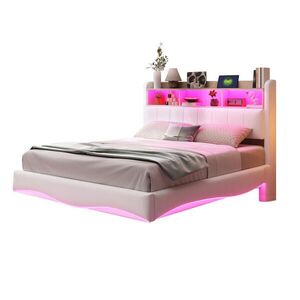 Redom ČALÚNENÁ posteľ 140/200 cm s LED osvetlením, USB a Type-C portom, úložným priestorom a kovovým rámom, Béžová vyobraziť