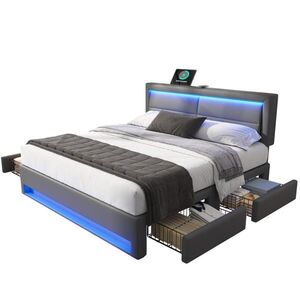 Modfu ČALÚNENÁ posteľ z PU 140x200 cm sivá s USB nabíjaním, LED osvetlením a 4 zásuvkami vyobraziť