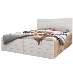 Modfu DREVENÁ posteľ 180x200 cm biela a dubová z masívneho dreva a MDF s 2 zásuvkami, úložným priestorom a latkovým roštom vyobraziť