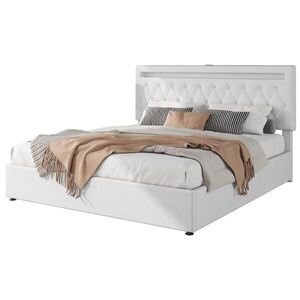 Modfu ČALÚNENÁ posteľ z ľanu a MDF 180x200 cm biela s hydraulickým úložným priestorom, LED osvetlením a USB portami vyobraziť