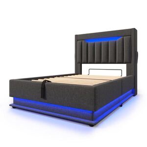 Modfu ČALÚNENÁ posteľ z ľanu 90x200 cm sivá s LED osvetlením, USB a USB-C, úložným priestorom vyobraziť