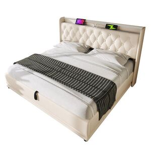 Modfu ČALÚNENÁ posteľ z PU 160x200 cm biela s LED osvetlením, USB a úložným priestorom vyobraziť