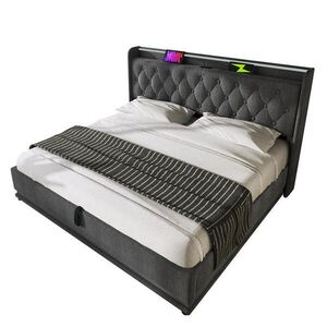 Modfu ČALÚNENÁ posteľ z ľanu 174x220x104 cm sivá s LED osvetlením, USB-C nabíjaním a hydraulickým úložným priestorom vyobraziť