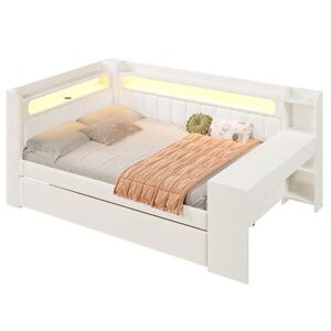 Modfu ČALÚNENÁ posteľ z MDF, preglejky a látky 140x200 cm biela s LED osvetlením, USB portom, výsuvným lôžkom a písacím stolom vyobraziť