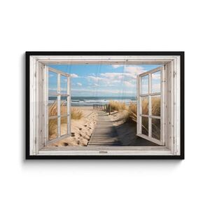 MuchoWow ZARÁMOVANÝ PLAGÁT Okno - more - pobrežie - príroda - výhľad - pláž - Waddenské more 90x60 cm vyobraziť