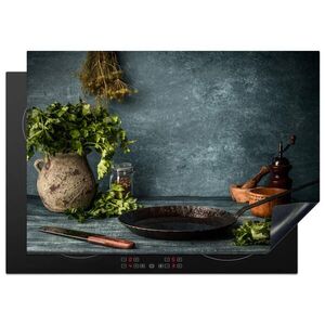 MuchoWow KRYT NA SPORÁK Bylinky - Korenie - Panvica - Nôž - Sivá - Rustikálna 75x52 cm vyobraziť