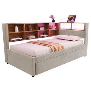 Redom POSTEĽ 90/200 cm s výsuvným lôžkom 90/190 cm, LED osvetlením, USB a úložným priestorom, svetlosivá flanelová vyobraziť