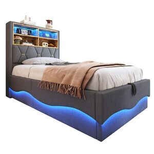 Redom DETSKÁ posteľ 90/200 cm s LED osvetlením, USB portom, hydraulickým úložným priestorom a ľanovým poťahom, Sivá vyobraziť