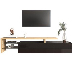 Redom TV stolík 197, 5/39/42 cm s LED osvetlením, 3 skrinkami a sklenenými policami, MDF/sklo, Prírodná/Čierna vyobraziť