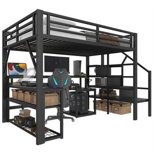 Redom VYVÝŠENÁ posteľ 140/200 cm s písacím stolom, LED osvetlením, USB a úložnými schodmi, Čierna/biela vyobraziť
