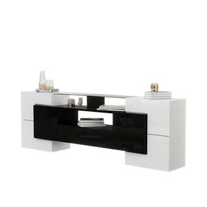 Redom TV stolík 200/35/60 cm so 6 dvierkami, 2 zásuvkami a LED osvetlením s ovládaním cez aplikáciu, Biela/Čierna vyobraziť
