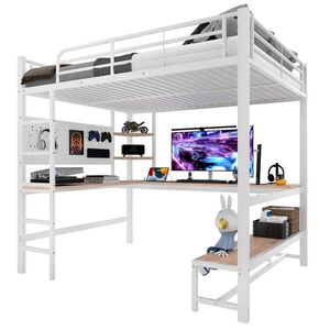 Redom VYVÝŠENÁ posteľ 140/200 cm s písacím stolom, LED osvetlením, USB-C a kovovým rámom, Biela vyobraziť