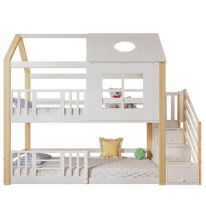 Redom POSCHODOVÁ posteľ 90/200 cm z borovice a MDF s úložnými schodmi, strechou a oknami, Biela/Prírodná vyobraziť