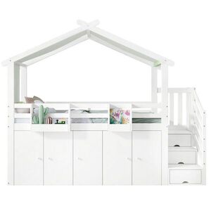 Redom POSCHODOVÁ posteľ 90/200 cm z masívu a MDF s úložnými schodmi, skriňou a zábranami, Biela/Zelená vyobraziť