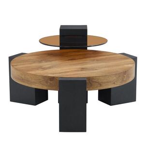 Redom SADA príručných stolíkov 61/61/30 a 44/44/44 cm, 2 úrovne, rozložiteľná, sklo a MDF, Čierna/Dekor dreva vyobraziť