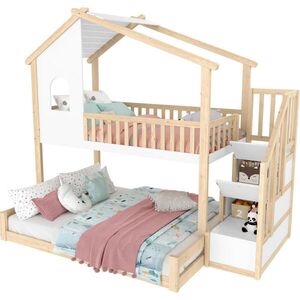 Redom POSCHODOVÁ posteľ 90/200 + 140/200 cm s úložným schodiskom, oknom a zábranou, prírodná/biela vyobraziť