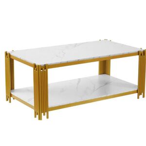 Redom KONFERENČNÝ stolík 114/64/46 cm s 2 policami a mramorovým vzhľadom, biela/zlatá vyobraziť