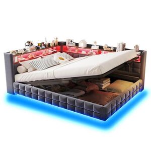 OKWISH ČALÚNENÁ posteľ 140/200 cm sivá zo zamatu s úložným priestorom LED osvetlením a nabíjaním vyobraziť