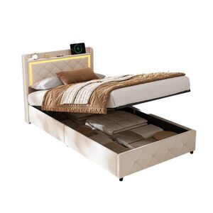 SHOPENTRA ČALÚNENÁ posteľ 90x200 cm Béžová LED USB Plynový výťah Bedbox vyobraziť
