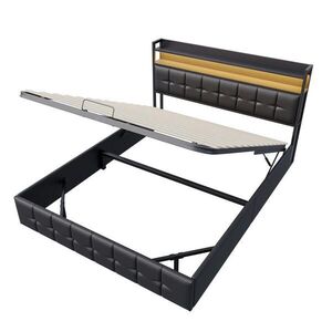 SHOPENTRA ČALÚNENÁ posteľ 140x200 cm Čierna PU LED USB Bedbox vyobraziť