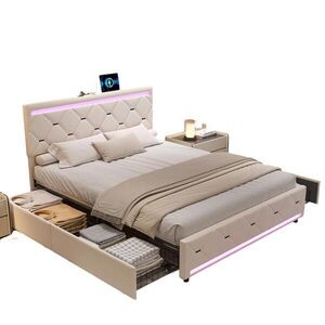 SHOPENTRA ČALÚNENÁ posteľ 140x200 cm béžová zamatová LED USB 4 zásuvky vyobraziť