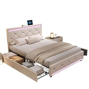 SHOPENTRA ČALÚNENÁ posteľ 140x190 cm krémová zamatová LED USB 4 zásuvky úložný priestor vyobraziť