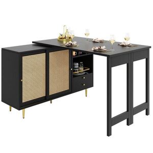 Modfu BAROVÝ stôl z MDF 187x40x76 cm čierny otočný a rozkladací s ratanovými dvierkami a otvoreným úložným priestorom vyobraziť