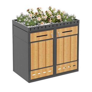 Modfu BOX na odpadkové koše z ocele 132x80x124 cm sivá a dekor dreva s kvetinovým trogom, dvojitým systémom a zámkom vyobraziť