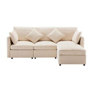 OKWISH ROHOVÁ pohovka 216/161/81 cm béžová modulárna z chenille s pohyblivým taburetom a 4 vankúšmi vyobraziť