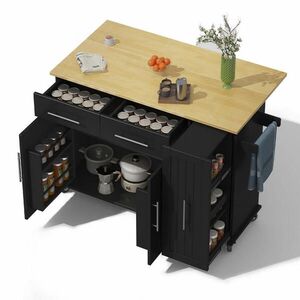 OKWISH KUCHYNSKÝ ostrovček 120/40(65)/90 cm čierna a prírodná so sklopnou doskou a výsuvným organizérom z MDF vyobraziť