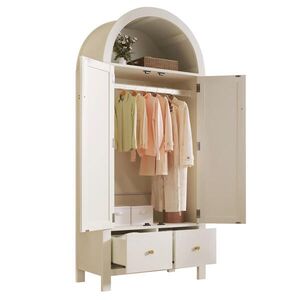 OKWISH ŠATNÍK 45/78/181 cm biely z MDF a kovu s ratanovým výpletom 2 zásuvkami a vešiakovou tyčou vyobraziť