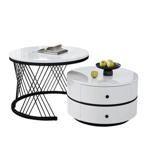 OKWISH SÚPRAVA konferenčných stolíkov 60/60/46 a 50/50/31 cm biela s 2 zásuvkami z MDF v lesklom mramorovom dekore vyobraziť