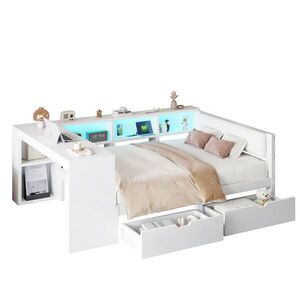 OKWISH ČALÚNENÁ posteľ 140/200 cm biela s policami, zásuvkami, USB portmi a LED z MDF a preglejky vyobraziť