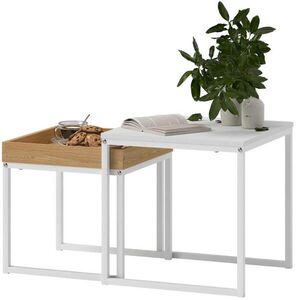 OKWISH KONFERENČNÉ stolíky 45/45/45 a 40/40/40 cm biele z ocele a MDF 2-dielna sada s odnímateľnou táckou vyobraziť