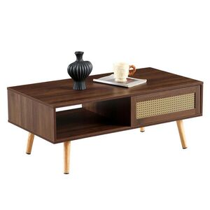 OKWISH KONFERENČNÝ stolík 55/105/40 cm hnedý z MDF s nohami z masívneho dreva a posuvnými ratanovými dvierkami vyobraziť