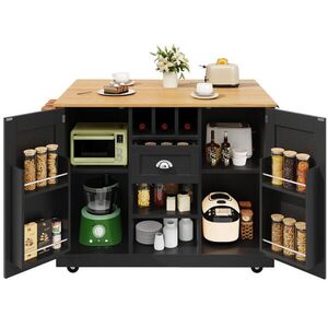 OKWISH KUCHYNSKÝ vozík 140/40/93, 5 cm čierny z MDF s rozkladacou doskou, stojanom na víno a kolieskami vyobraziť