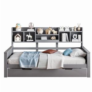 OKWISH ROZKLADACIA posteľ 90/200 cm sivá z borovice s výsuvným lôžkom 90/190 cm a úložnými priehradkami vyobraziť