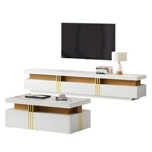 Redom TV zostava 200/40/42 cm s konferenčným stolíkom, mramorový dekor, 2 zásuvky, Biela vyobraziť