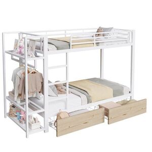 OKWISH POSCHODOVÁ posteľ 90/200 cm biela z kovu a MDF s LED osvetlením a úložným priestorom vyobraziť